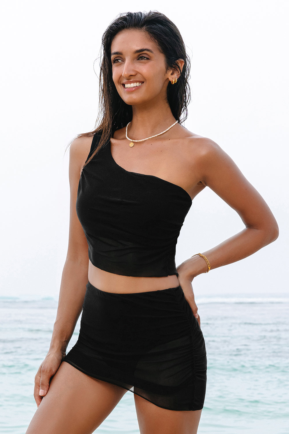 Black Pleated Mesh One Shoulder Bikini Top and Skirts Set Bikinis JT's Designer Fashion