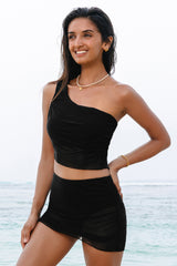 Black Pleated Mesh One Shoulder Bikini Top and Skirts Set Bikinis JT's Designer Fashion