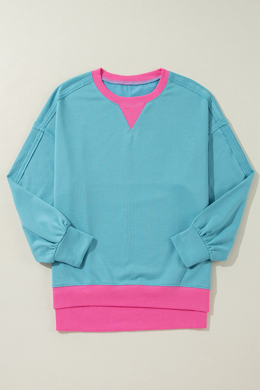 Light Blue Colorblock Patchwork Crew Neck Loose Sweatshirt Sweatshirts & Hoodies JT's Designer Fashion