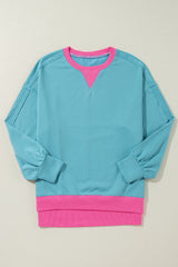 Light Blue Colorblock Patchwork Crew Neck Loose Sweatshirt Sweatshirts & Hoodies JT's Designer Fashion