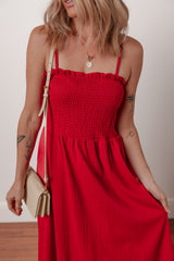 Racing Red Textured Shirred Ruffled Trim Spaghetti Strap Midi Dress Midi Dresses JT's Designer Fashion