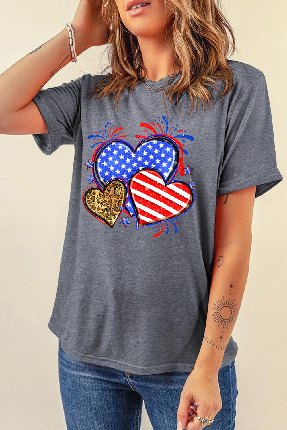 Gray American Heart July 4th Celebration Graphic T Shirt Graphic Tees JT's Designer Fashion