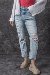 Sky Blue Light Wash Frayed Slim Fit High Waist Jeans Jeans JT's Designer Fashion
