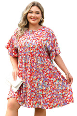 Red Dainty Flower Printed Plus Size Short Sleeve Shift Dress Plus Size Mini Dresses JT's Designer Fashion
