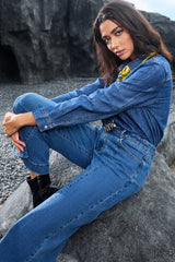 Dark Blue Plain Seam Detail Flared Bottom Ankle Length Jeans Jeans JT's Designer Fashion