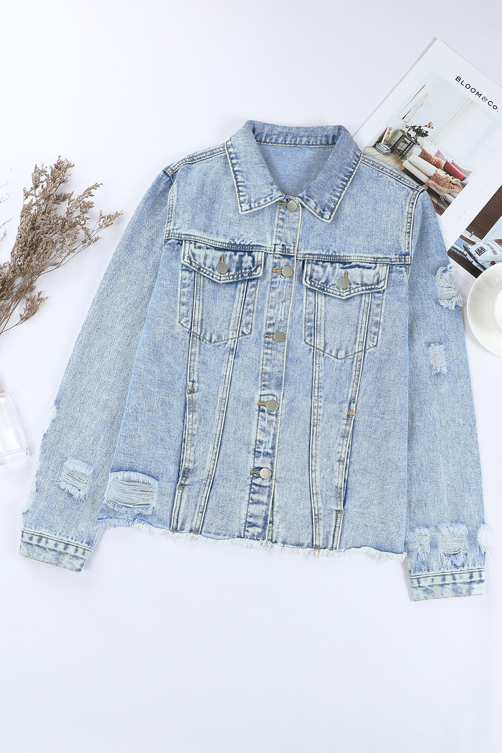 Sky Blue Lapel Distressed Raw Hem Buttons Denim Jacket Denim Jackets JT's Designer Fashion