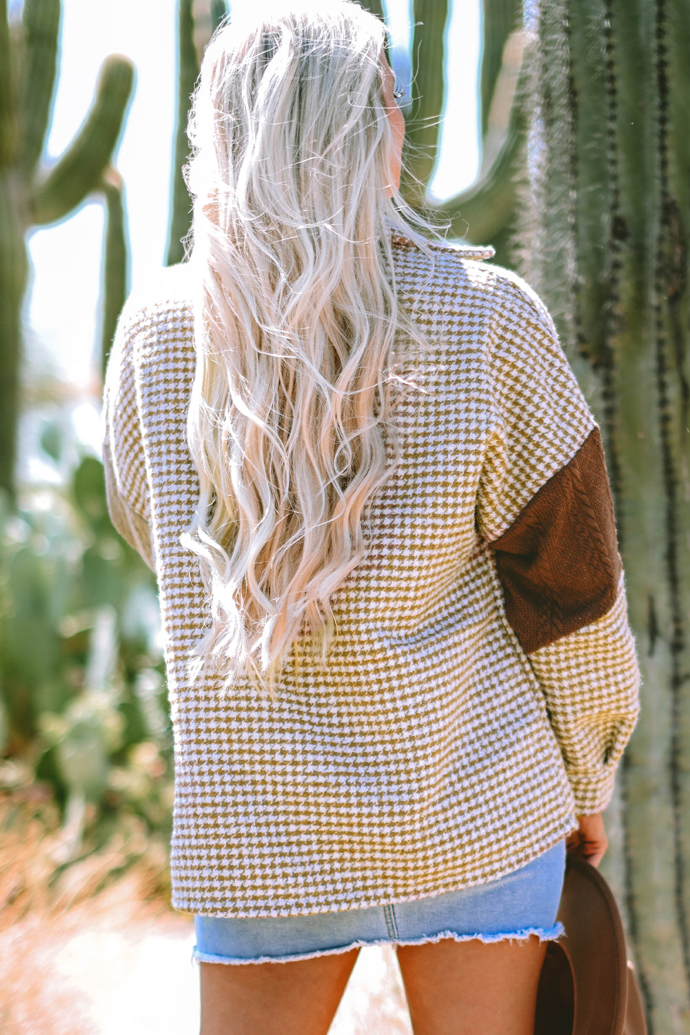 Khaki Houndstooth Color Contrast Textured Patchwork Loose Shacket Jackets JT's Designer Fashion