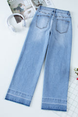 Dusk Blue Raw Hem Straight Leg Loose High Waist Jeans Jeans JT's Designer Fashion
