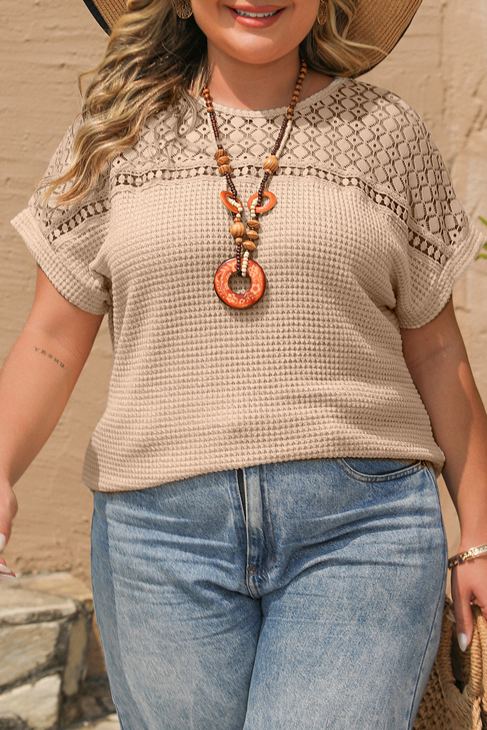 Oatmeal Lace Patchwork Waffle Short Sleeve Plus Size Top Plus Size Tops & Tees JT's Designer Fashion