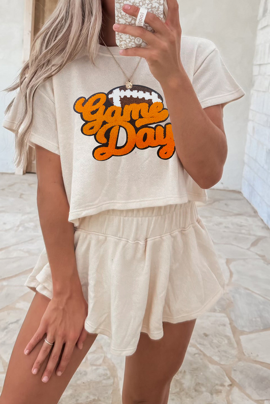 Beige Game Day Graphic Tee and Skort 2 Piece Set Beige 75%Polyester+20%Cotton+5%Elastane Graphic Sets JT's Designer Fashion