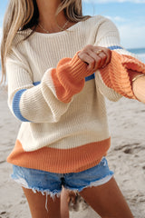 Beige Colorblock Striped Drop Shoulder Cozy Sweater Sweaters JT's Designer Fashion