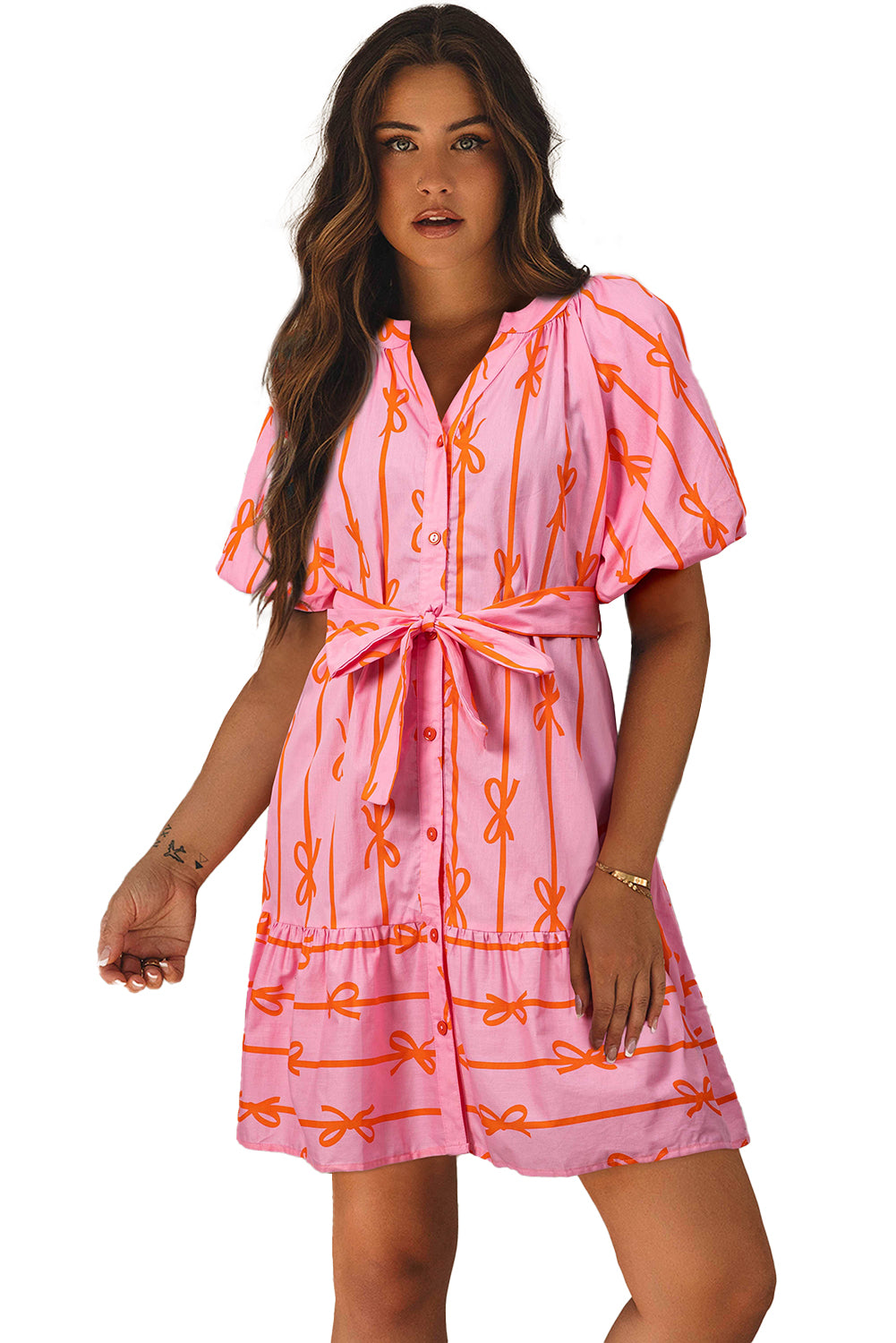 Pink Bowknot Striped Printed Bubble Sleeve Buttoned Belted Mini Dress Mini Dresses JT's Designer Fashion