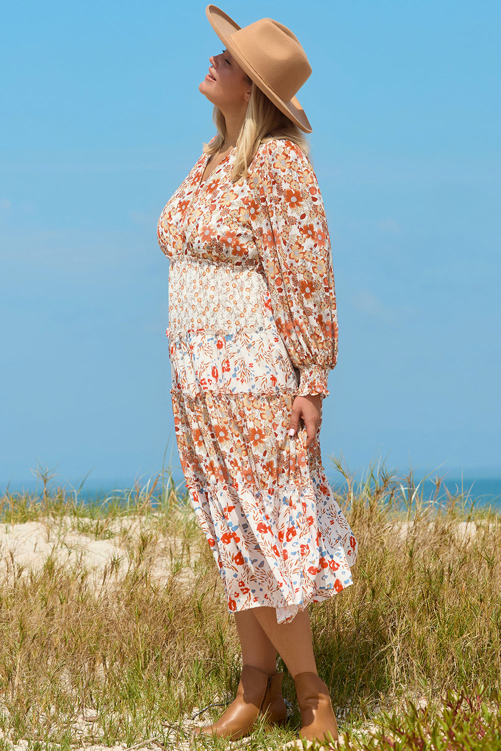 Khaki Plus Size Floral Tiered Ruffle Maxi Dress Plus Size Maxi Dresses JT's Designer Fashion