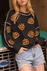 Black Sequin Pumpkin Face Graphic Exposed Seam Halloween Sweatshirt Black 50%Polyester+50%Cotton Graphic Sweatshirts JT's Designer Fashion