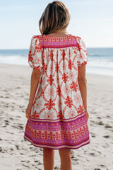 Rose Boho Floral Short Sleeve Lace-up V Neck Mini Dress Dresses JT's Designer Fashion