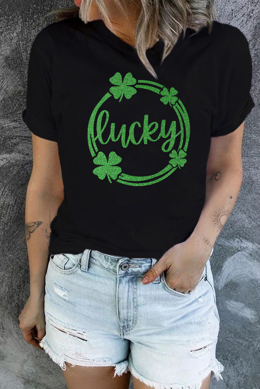 Black St Patrick Sequin Lucky Clover Print Short Sleeve T-shirt Graphic Tees JT's Designer Fashion