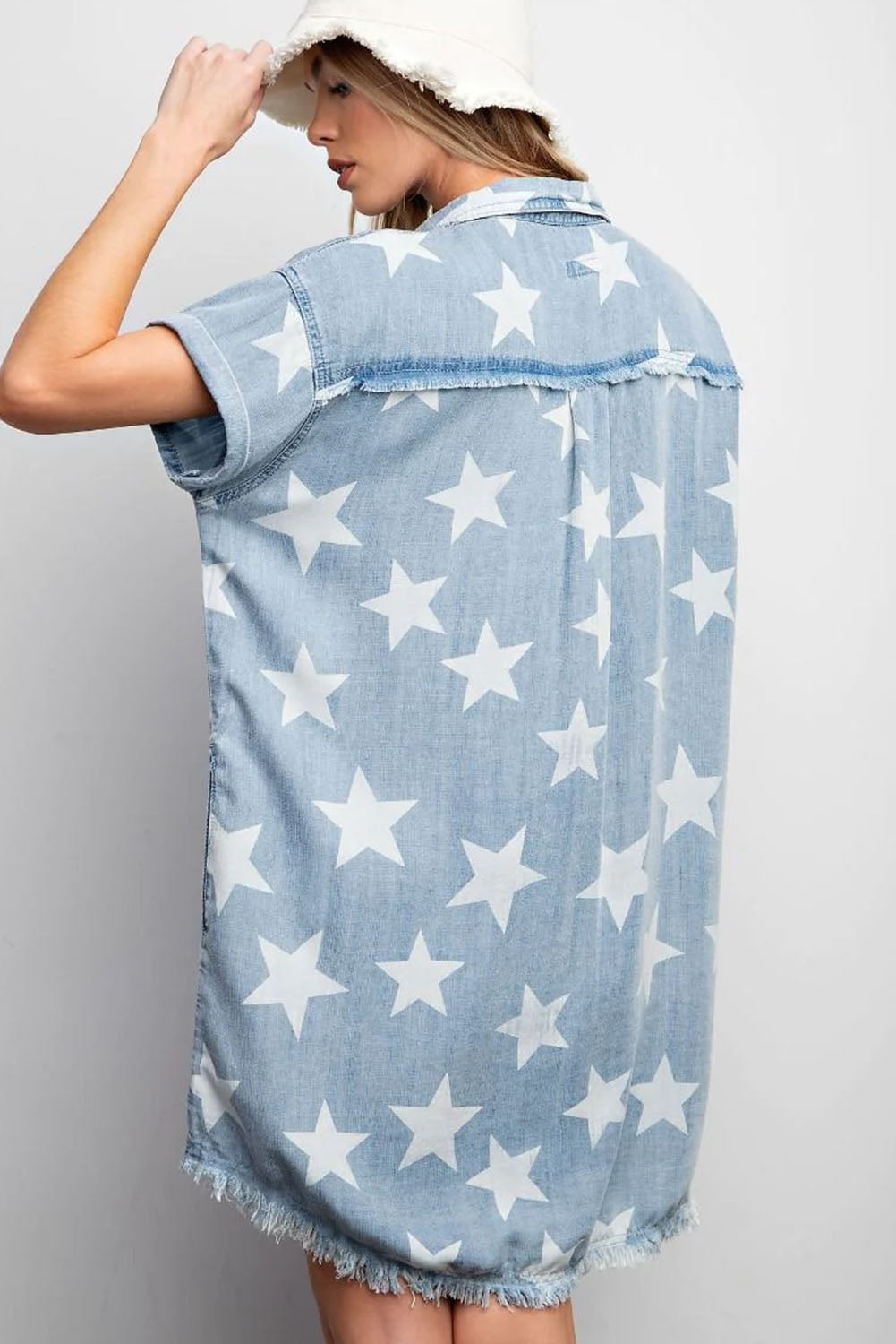 Sky Blue Star Print Frayed Buttoned Shift Denim Mini Dress Dresses JT's Designer Fashion