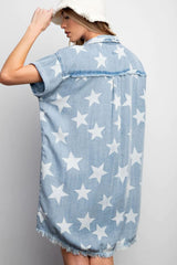 Sky Blue Star Print Frayed Buttoned Shift Denim Mini Dress Dresses JT's Designer Fashion