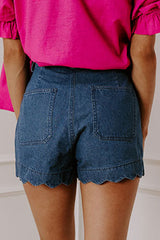 Sail Blue Scalloped Hemline Acid Wash High Waist Denim Shorts Denim Shorts JT's Designer Fashion