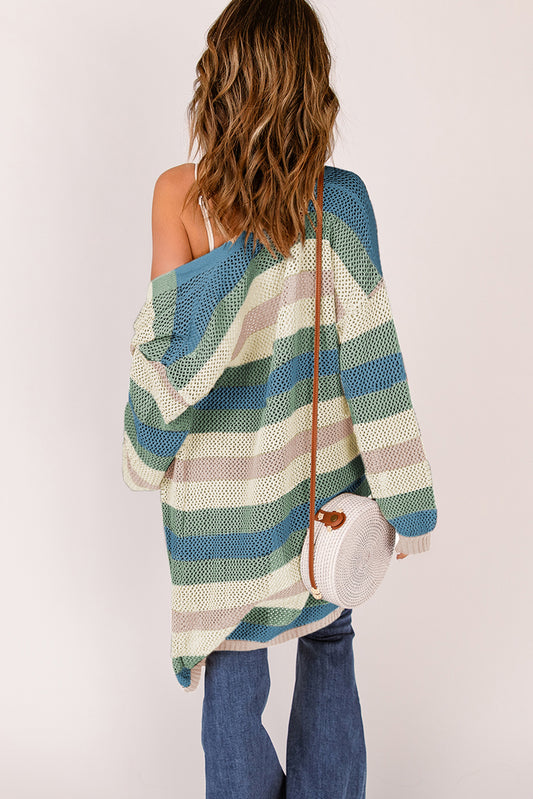 Green Striped Color Block Hollowed Knit Cardigan Sweaters & Cardigans JT's Designer Fashion