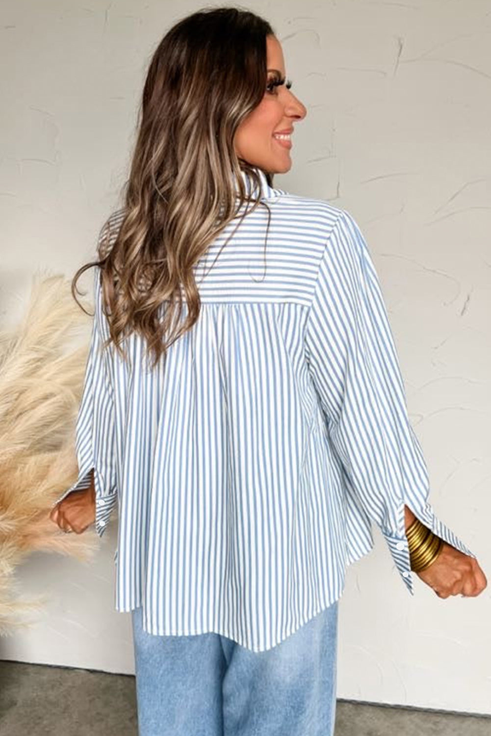 Sky Blue Stripe Shirred Detail Half Placket Collared Long Sleeve Fall Shirt Blouses & Shirts JT's Designer Fashion