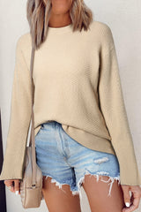 Parchment Solid Textured Knit Split Cuff Drop Shoulder Loose Sweater Sweaters JT's Designer Fashion