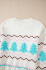 White Striped Christmas Tree Ribbed Trim Drop Shoulder Sweater Sweaters JT's Designer Fashion