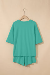 Sea Green Solid Loose V Neck Half Sleeve Tee and Shorts Short Sets JT's Designer Fashion