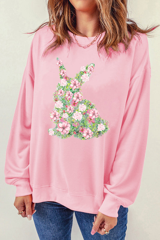 Pink Floral Bunny Printed Crewneck Easter Fashion Sweatshirt Graphic Sweatshirts JT's Designer Fashion