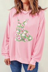 Pink Floral Bunny Printed Crewneck Easter Fashion Sweatshirt Graphic Sweatshirts JT's Designer Fashion