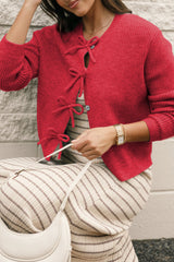 Fiery Red Ribbed Knit Bow Front Buttoned Cardigan Fiery Red 50%Viscose+28%Polyester+22%Polyamide Cardigans JT's Designer Fashion