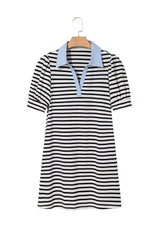 Black Stripe Contrast V Neck Collared Puff Sleeve T Shirt Mini Dress with Pockets T Shirt Dresses JT's Designer Fashion