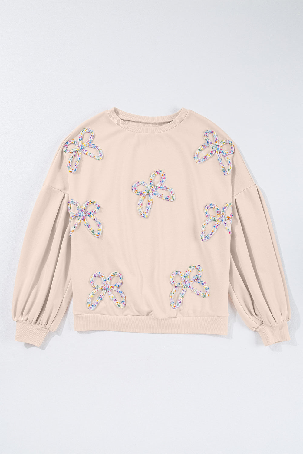 Parchment Embroidered Bow Lantern Sleeve Oversized Pullover Sweatshirt Sweatshirts & Hoodies JT's Designer Fashion