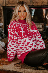 Fiery Red Merry Christmas Reindeer Heart Pattern High Neck Sweater Sweaters JT's Designer Fashion