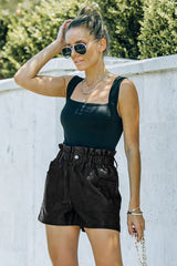 Black Faux Leather Paper Bag Waist High Rise Shorts Casual Shorts JT's Designer Fashion
