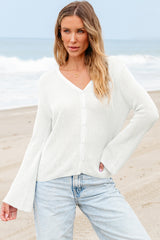 White Lightweight V Neck Button Front Bell Sleeve Cardigan Sweater Cardigans JT's Designer Fashion