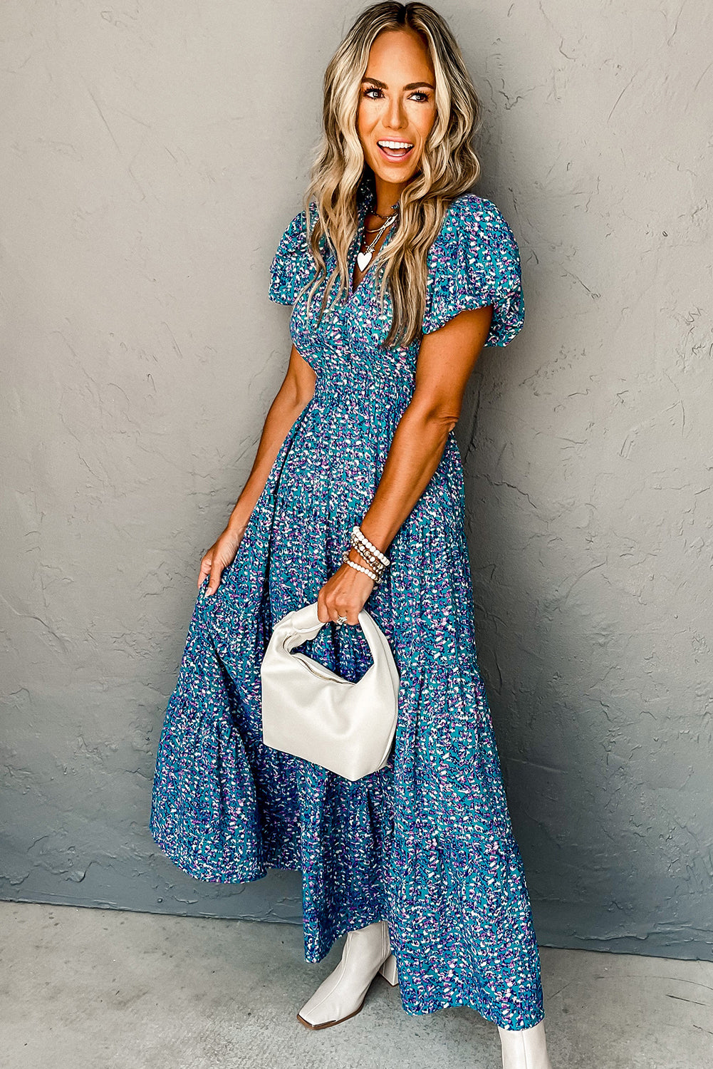 Blue Printed Split V Neck Shirred High Waist Maxi Dress Dresses JT's Designer Fashion