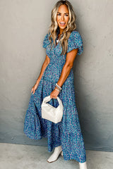 Blue Printed Split V Neck Shirred High Waist Maxi Dress Dresses JT's Designer Fashion