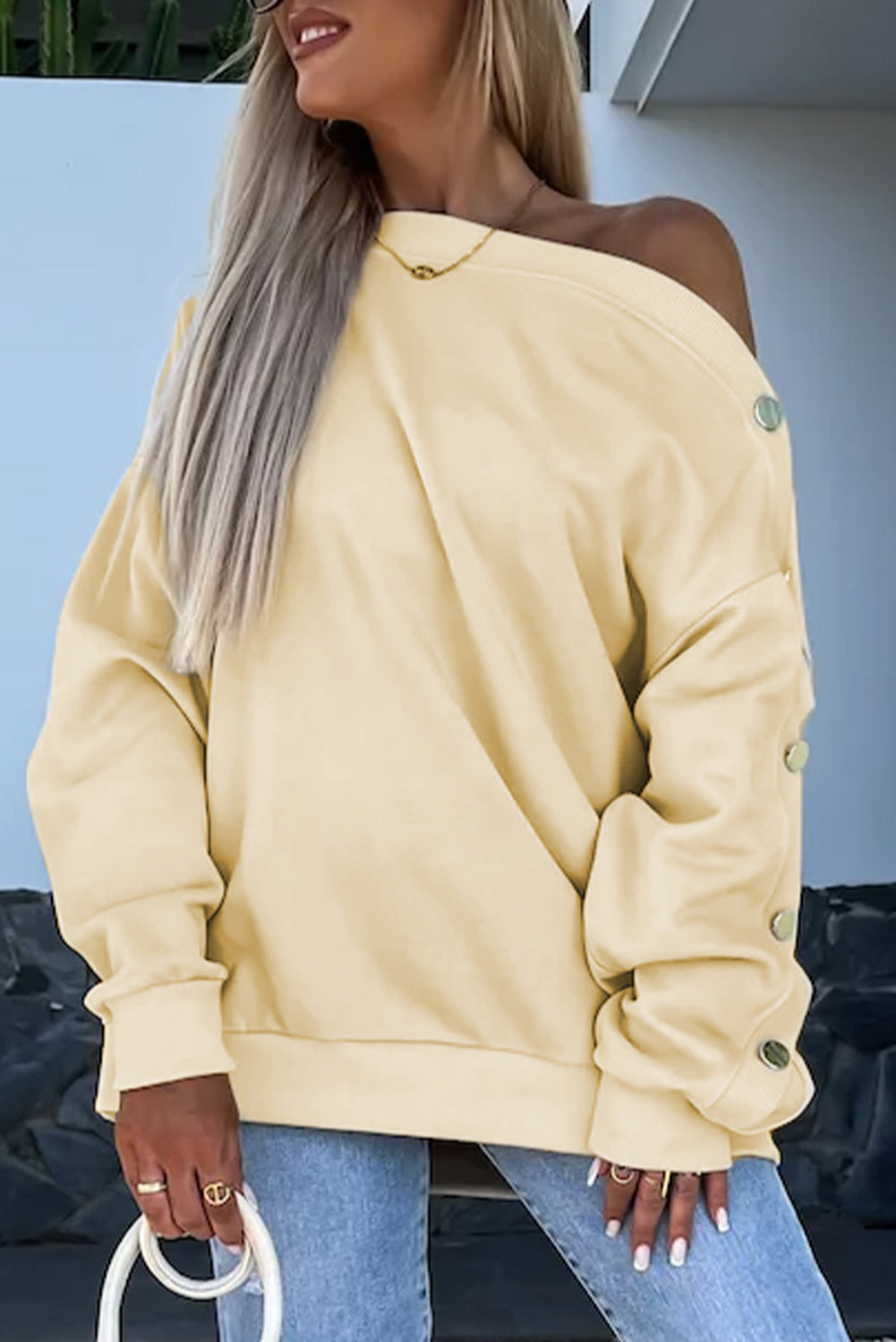 Beige Buttoned Sleeve Dropped Shoulder Sweatshirt Sweatshirts & Hoodies JT's Designer Fashion