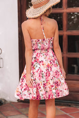 Pink Floral Sleeveless Halter Neck Shirred Back Ruffled Mini Dress Floral Dresses JT's Designer Fashion