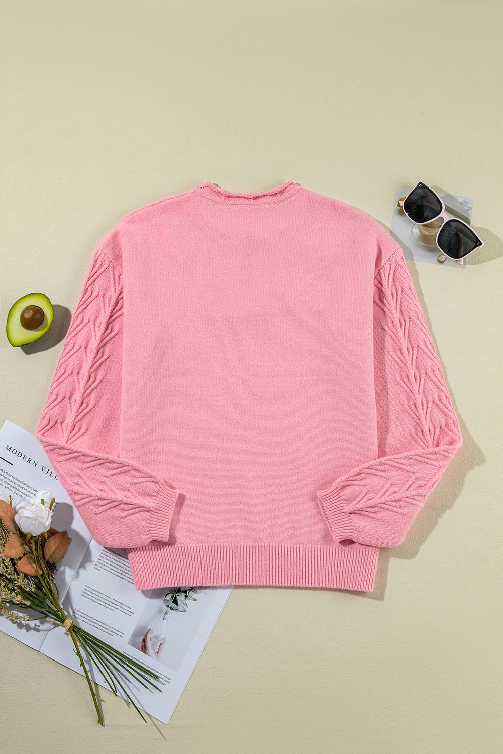 Peach Blossom Flower Detail Knitted Notched Neck Sweater Sweaters JT's Designer Fashion
