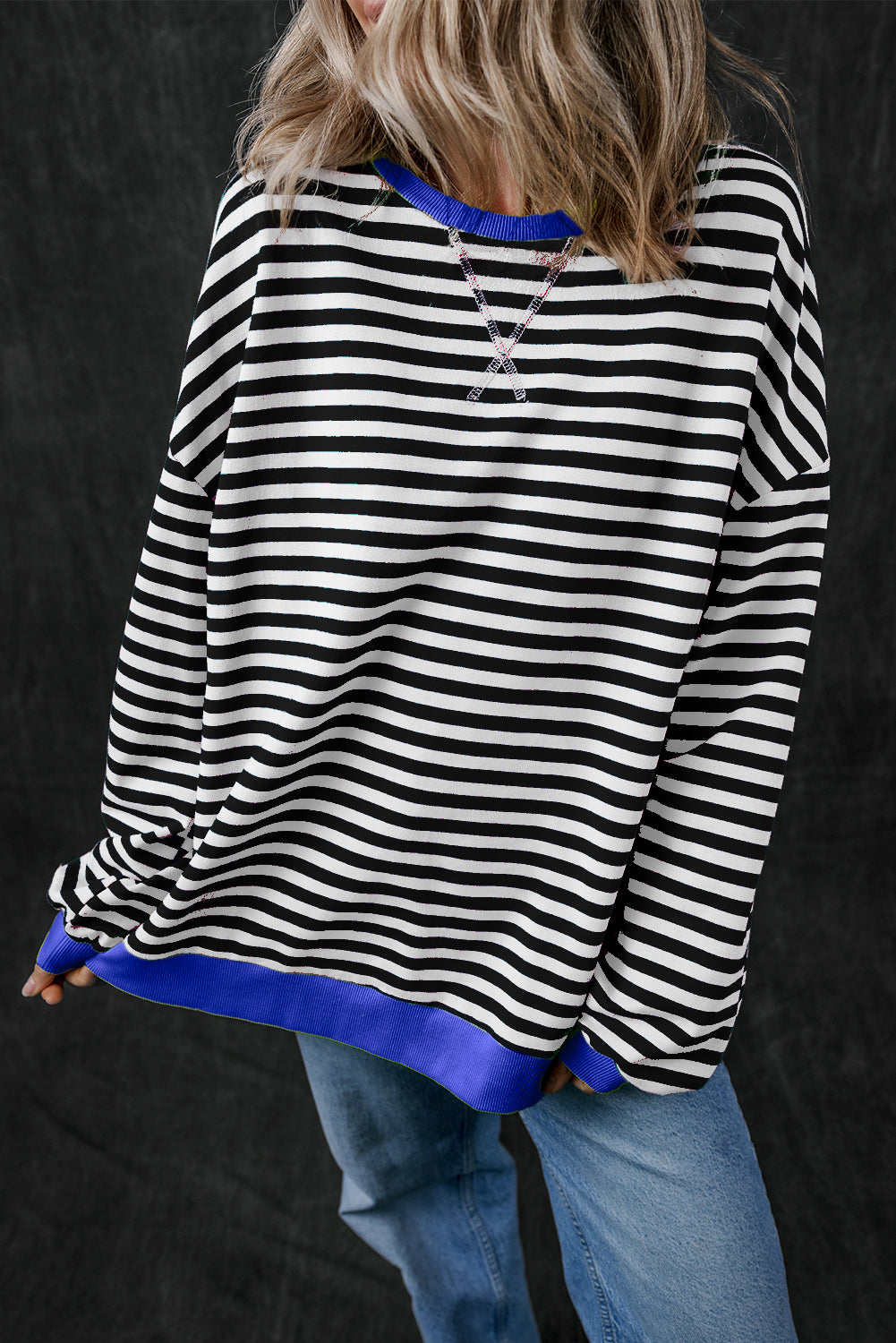 Black Stripe Oversized Contrast Trim Pullover Sweatshirt Sweatshirts & Hoodies JT's Designer Fashion