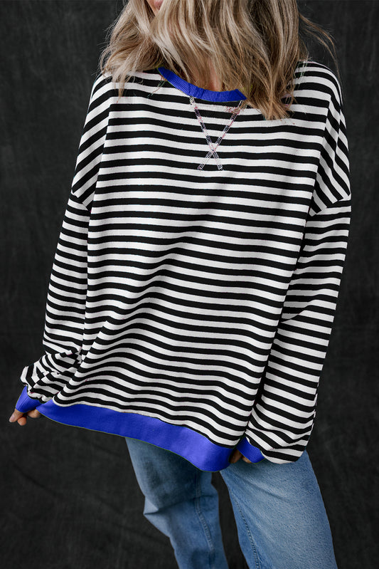 Black Stripe Oversized Contrast Trim Pullover Sweatshirt Sweatshirts & Hoodies JT's Designer Fashion