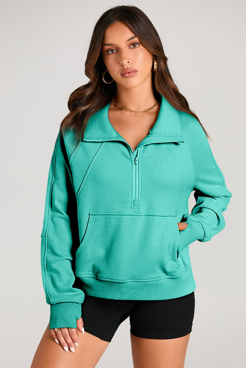 Aruba Blue Quarter Zip Stand Neck Kangaroo Pocket Sweatshirt Sweatshirts & Hoodies JT's Designer Fashion