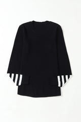 Black Striped Sleeve Plain Knit Sweater Sweaters JT's Designer Fashion