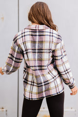 Pink Geometric Plaid Print Pocketed Shacket Plaid Shackets JT's Designer Fashion