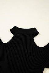 Black Ribbed Knit Cold Shoulder Choker Neck Sweater Sweaters JT's Designer Fashion