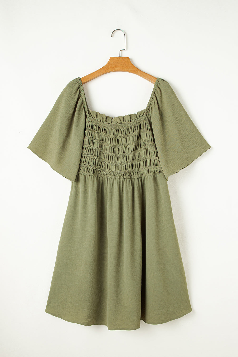 Grass Green Frilly Square Neck Flutter Sleeve Smocked High Waist Plus Size Dress Plus Size Mini Dresses JT's Designer Fashion