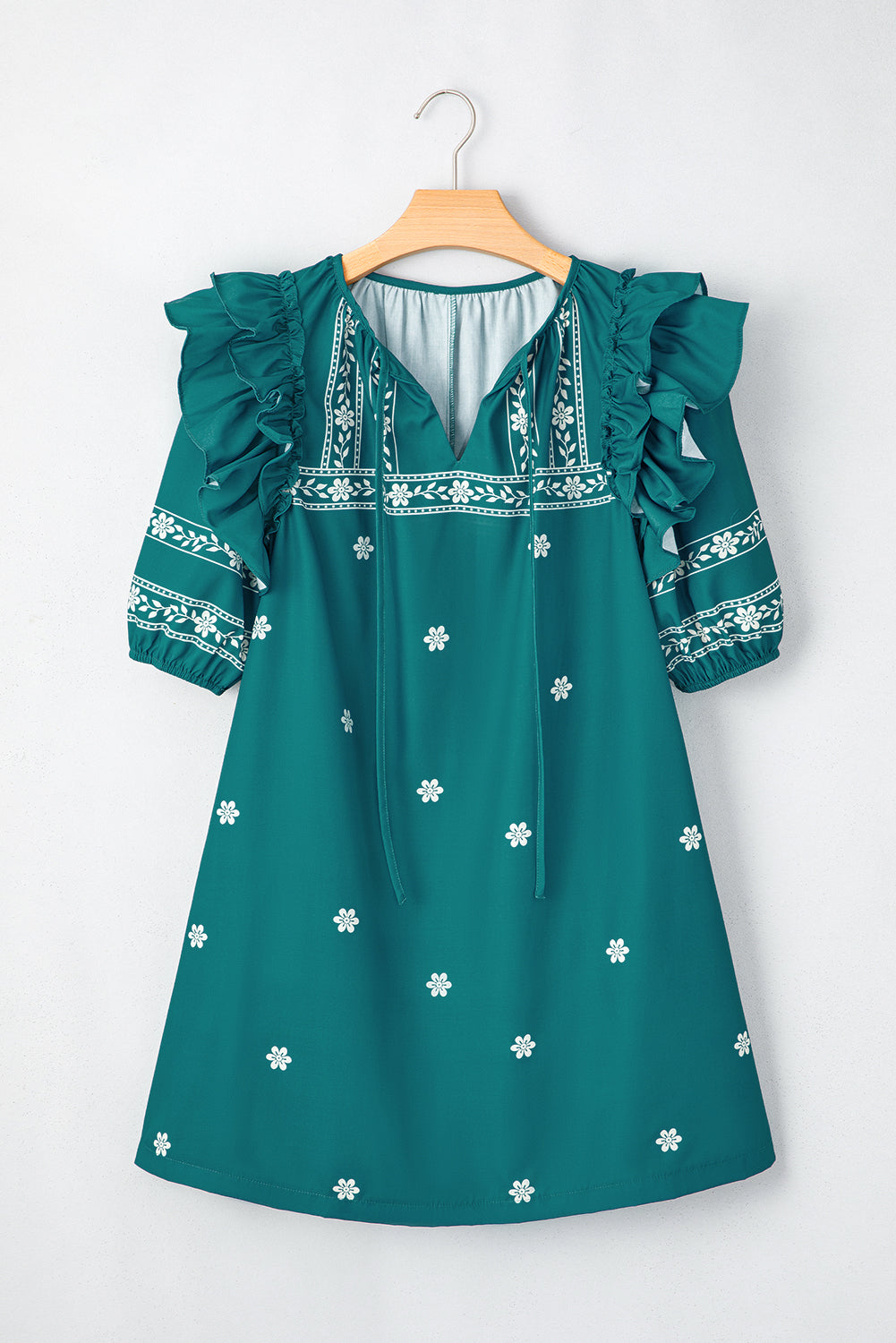 Skobeloff Boho Floral Ruffle Puff Sleeve Lace-up V Neck Mini Dress Floral Dresses JT's Designer Fashion