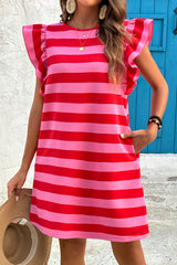 Red Stripe Flutter Sleeve Round Neck Shift Dress Mini Dresses JT's Designer Fashion